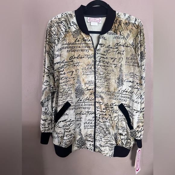 Script Print Bomber Jacket - Beige and Black - Picture 1 of 3